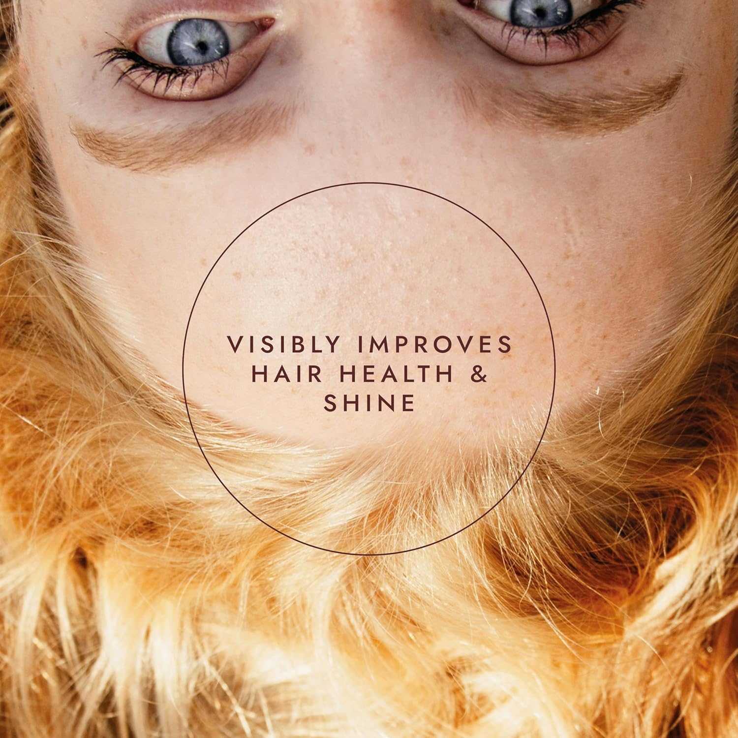 Close-up of a person with blonde hair, focusing on the hair texture with text 'Visibly Improves Hair Health & Shine'.