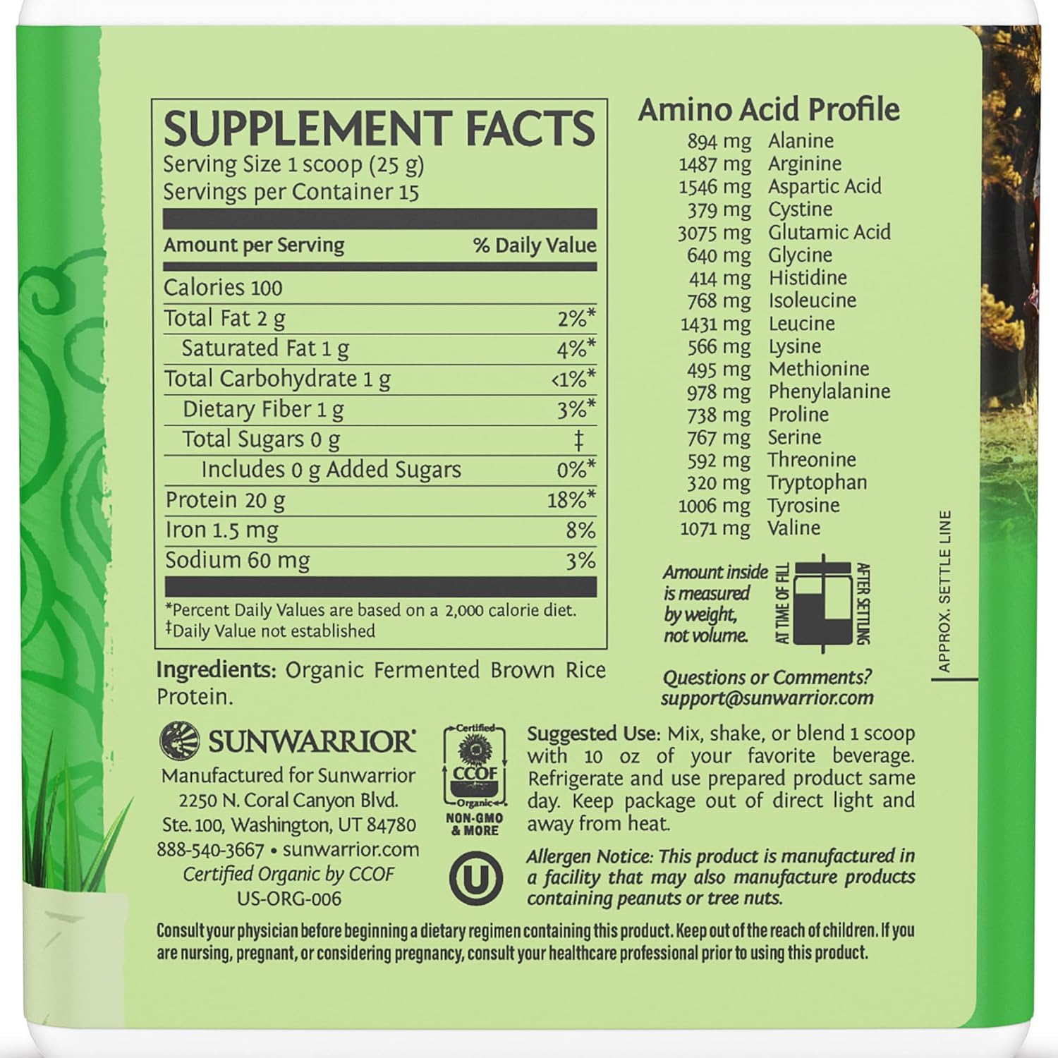 ack of Sunwarrior brown rice protein powder showing ingredient list.