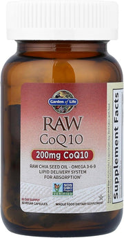 Front view of Garden of Life Raw CoQ10 200mg bottle with 60 vegan capsules.