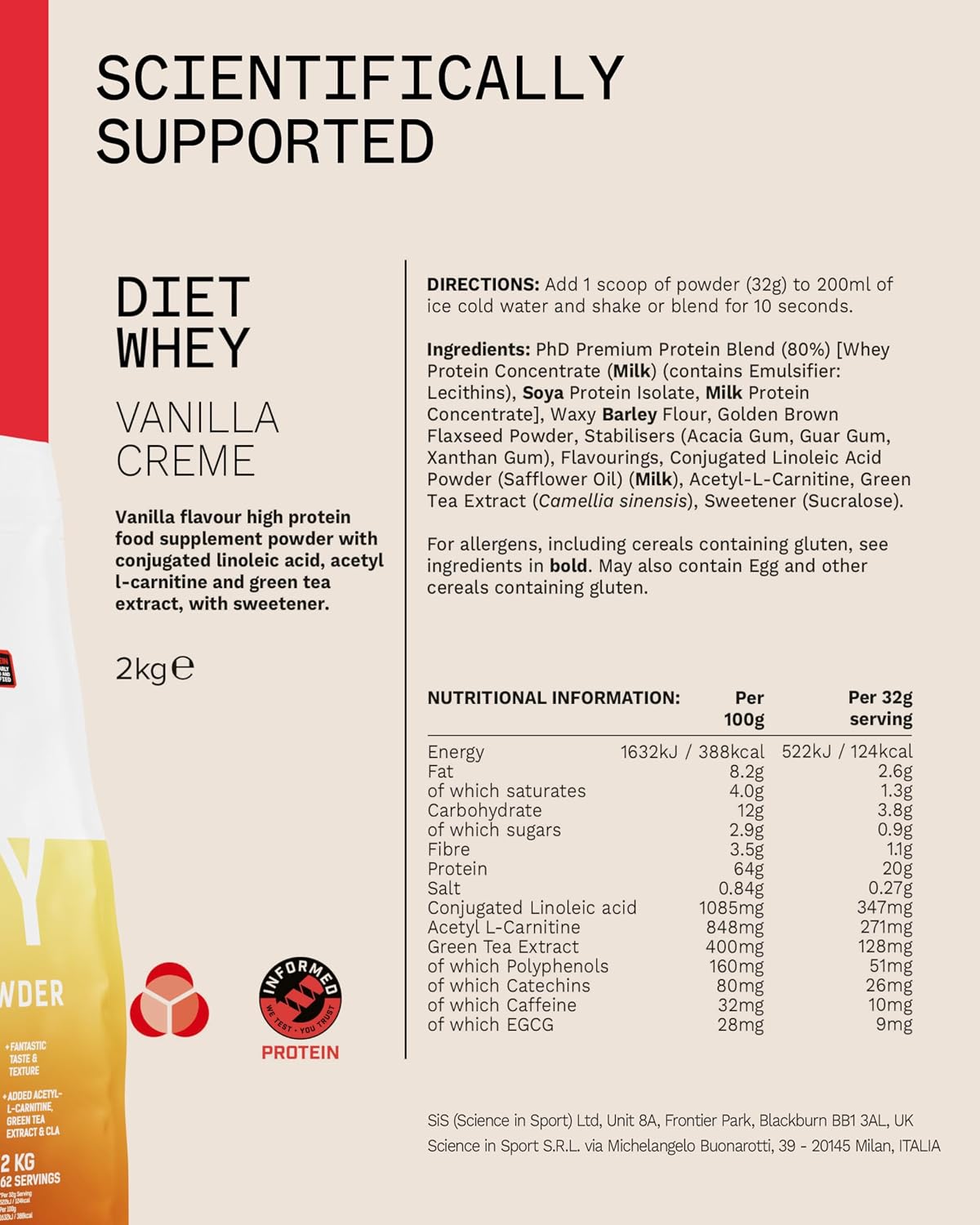 PhD Diet Whey Lean Protein Powder, resealable bag packaging, Vanilla Crème flavour, 2kg, ingredients and nutritional information