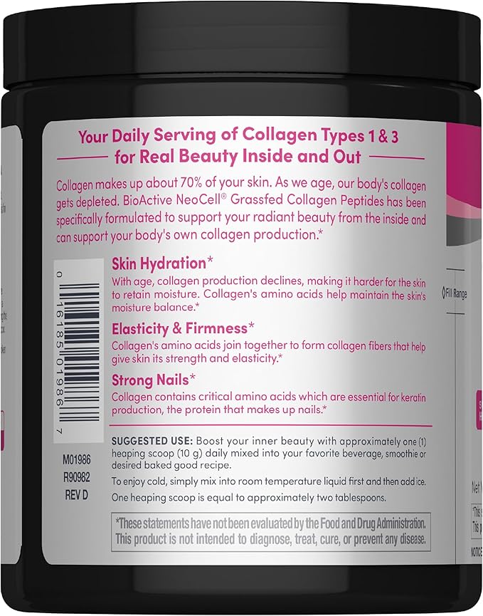 Supplement facts label and barcode for unflavored grass-fed collagen peptides powder.