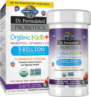 Garden of Life Dr. Formulated Kids+ Probiotic bottle & box with berry cherry 30 chewable tablets.