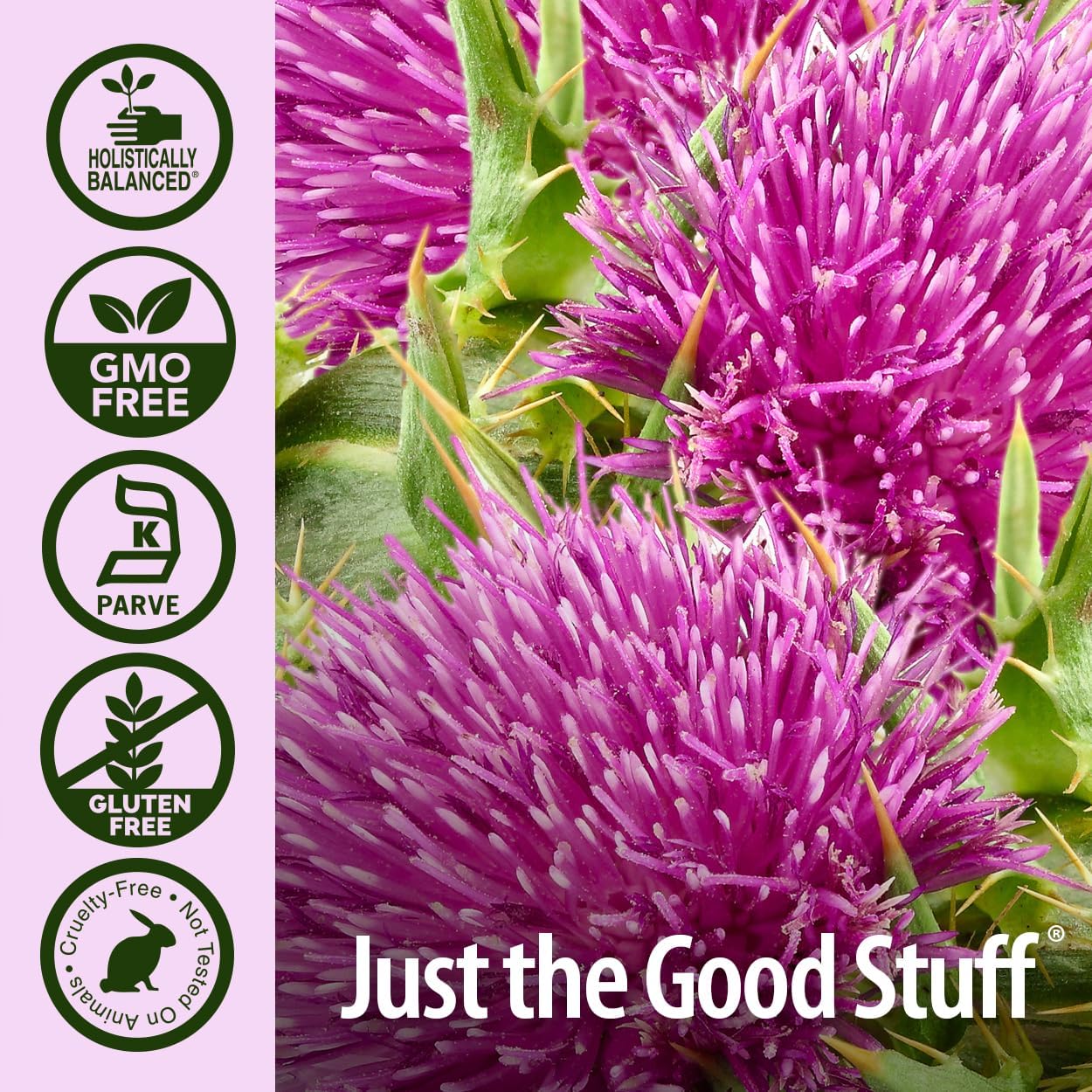 Purple thistle flowers with certification logos and 'Just the Good Stuff' text on a light purple background.