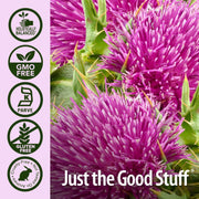 Purple thistle flowers with certification logos and 'Just the Good Stuff' text on a light purple background.