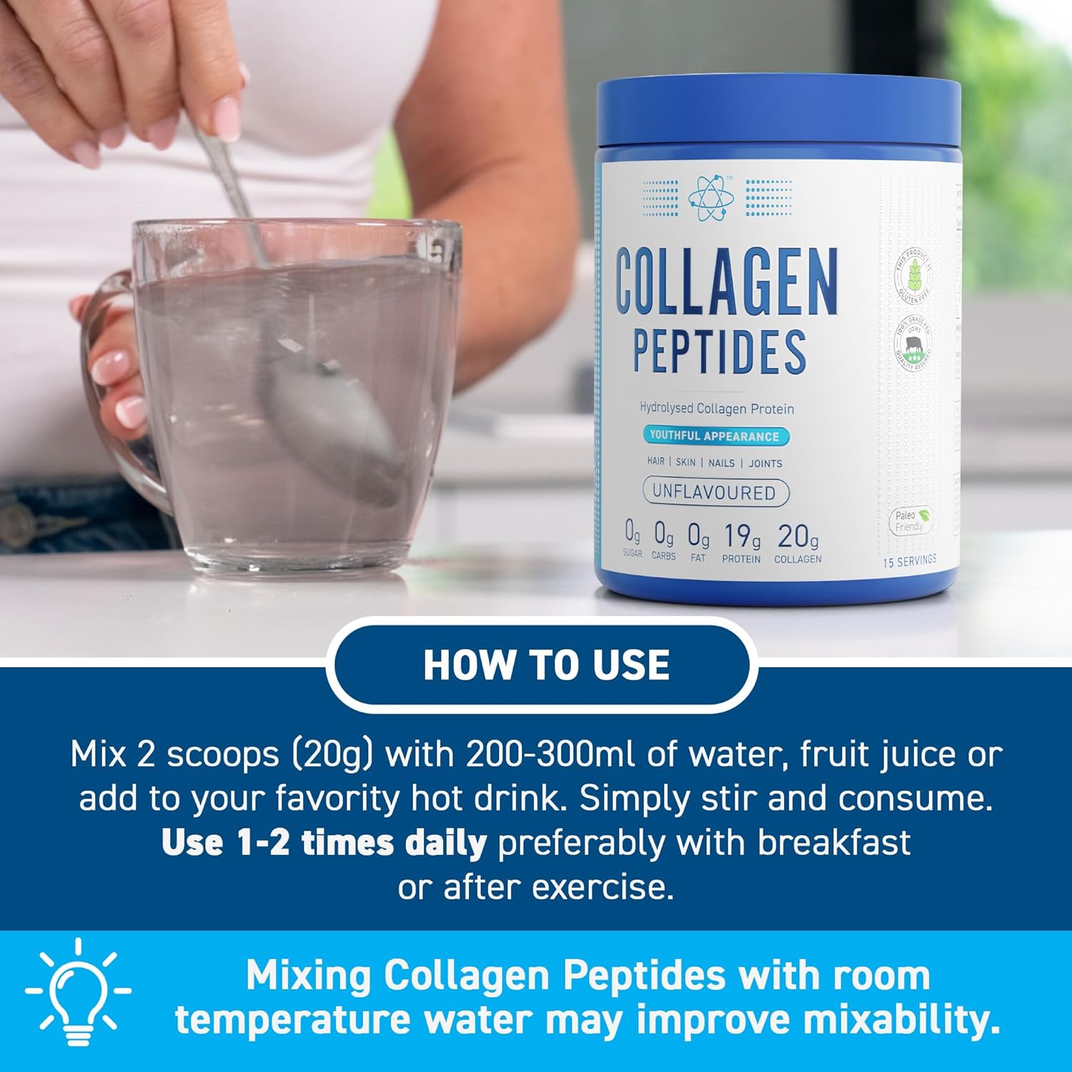 How to Use: Applied Nutrition Collagen Peptides powder mixed drink unflavoured 300g