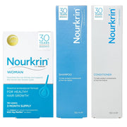 Front Image: Nourkrin Woman hair programme tablets 180 with shampoo conditioner set front