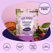Four Sigmatic Mood organic herbal tea package with ingredients on a purple background