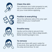  Instructions and product details for Breathe Right Large Nasal Strips.