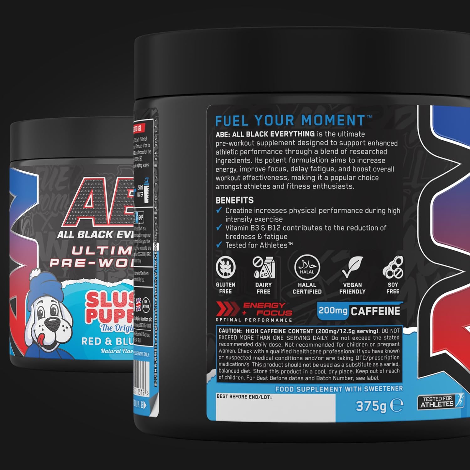 Supplement facts and directions for ABE Pre-Workout 375g.