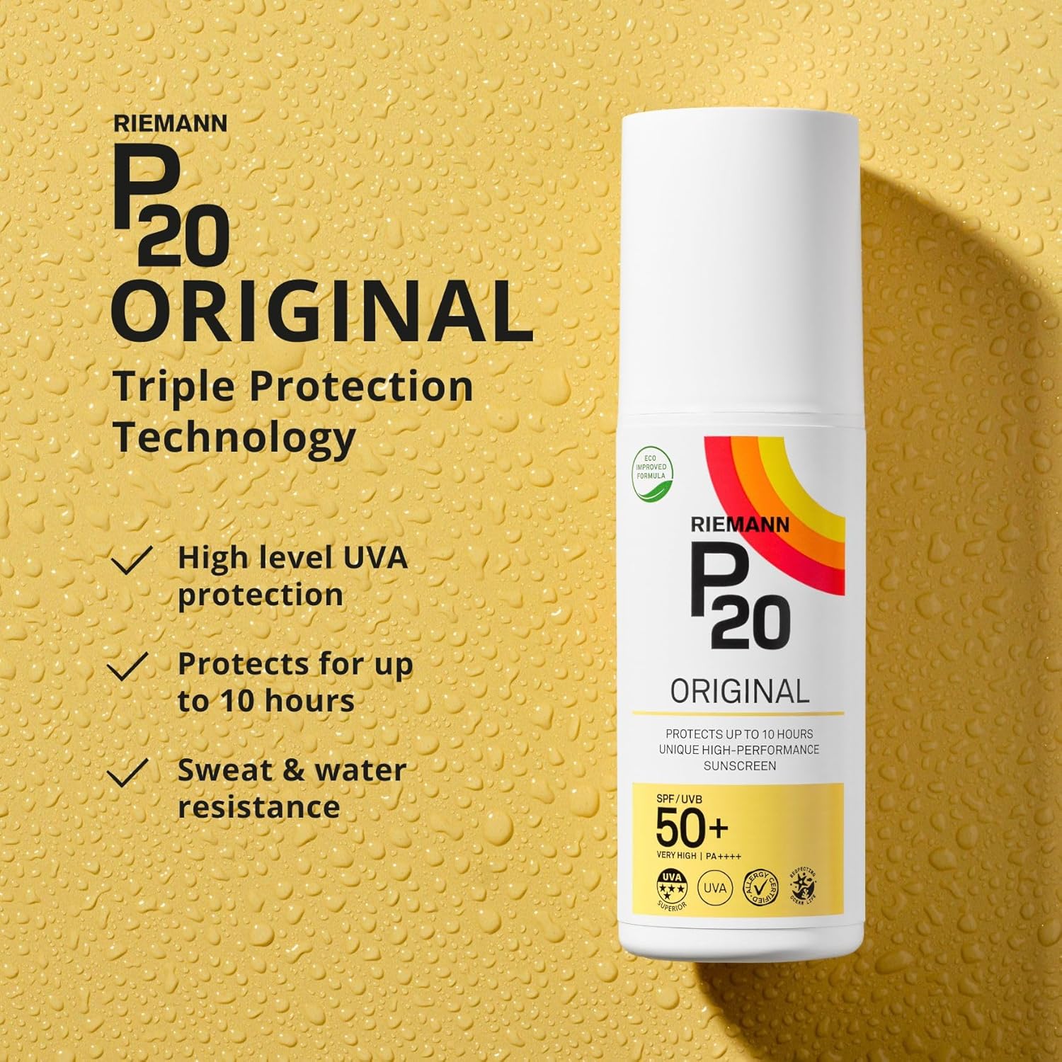 Riemann P20 Original SPF50+ Sunscreen Spray bottle, 200ml, on white background.