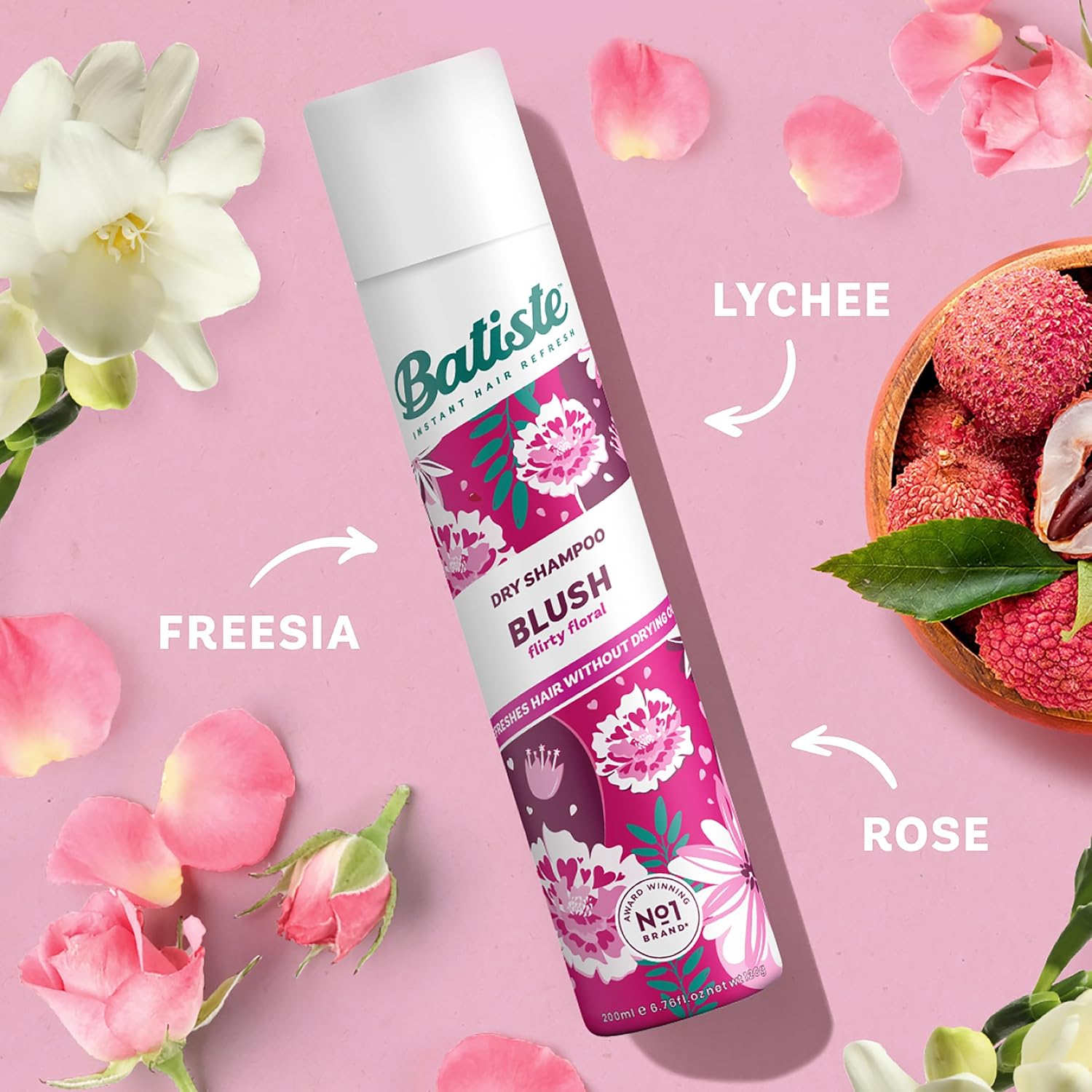 Batiste Dry Shampoo Blush Flirty Floral 200ml can, pink design on Lychee, Freesia and Rose fragrance.