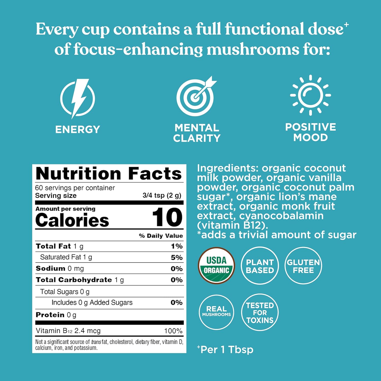 Nutrition facts label and ingredients list for a product with focus-enhancing mushrooms on a blue background.