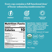 Nutrition facts label and ingredients list for a product with focus-enhancing mushrooms on a blue background.