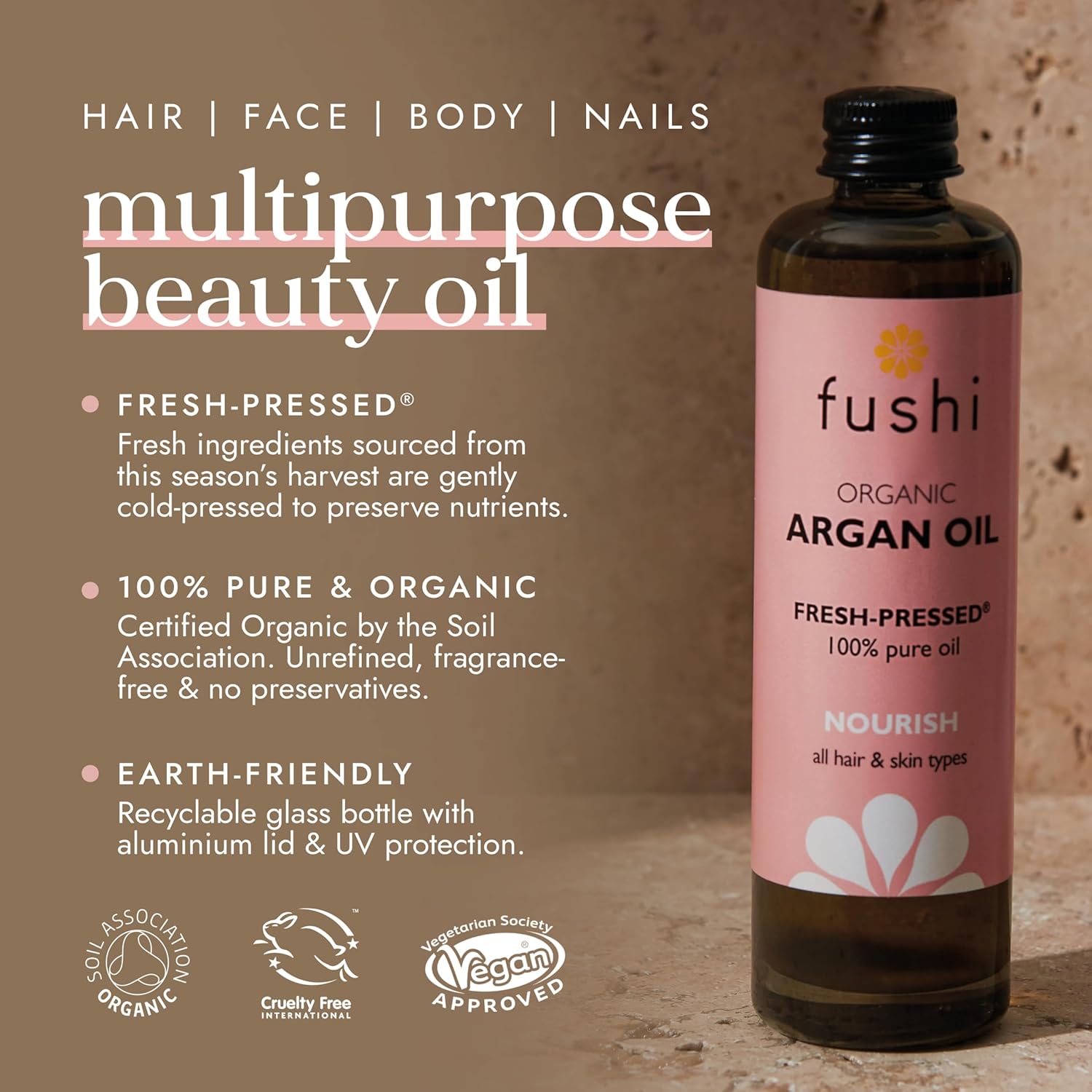 Fushi Organic Argan Oil 100 ml | Fresh-Pressed & 100% Pure Nourishing Oil for Hair, Skin & Nails