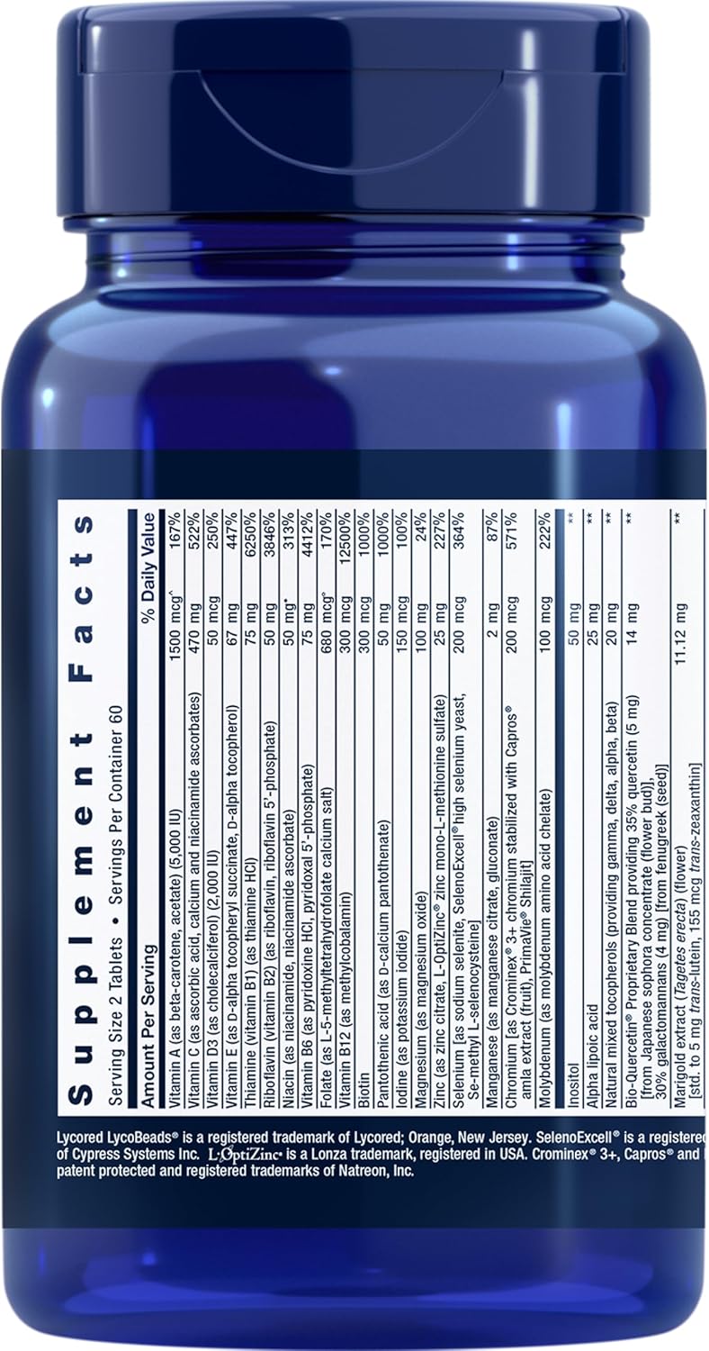 Supplement facts panel for Life Extension Two-Per-Day Multivitamin showing full ingredient list.