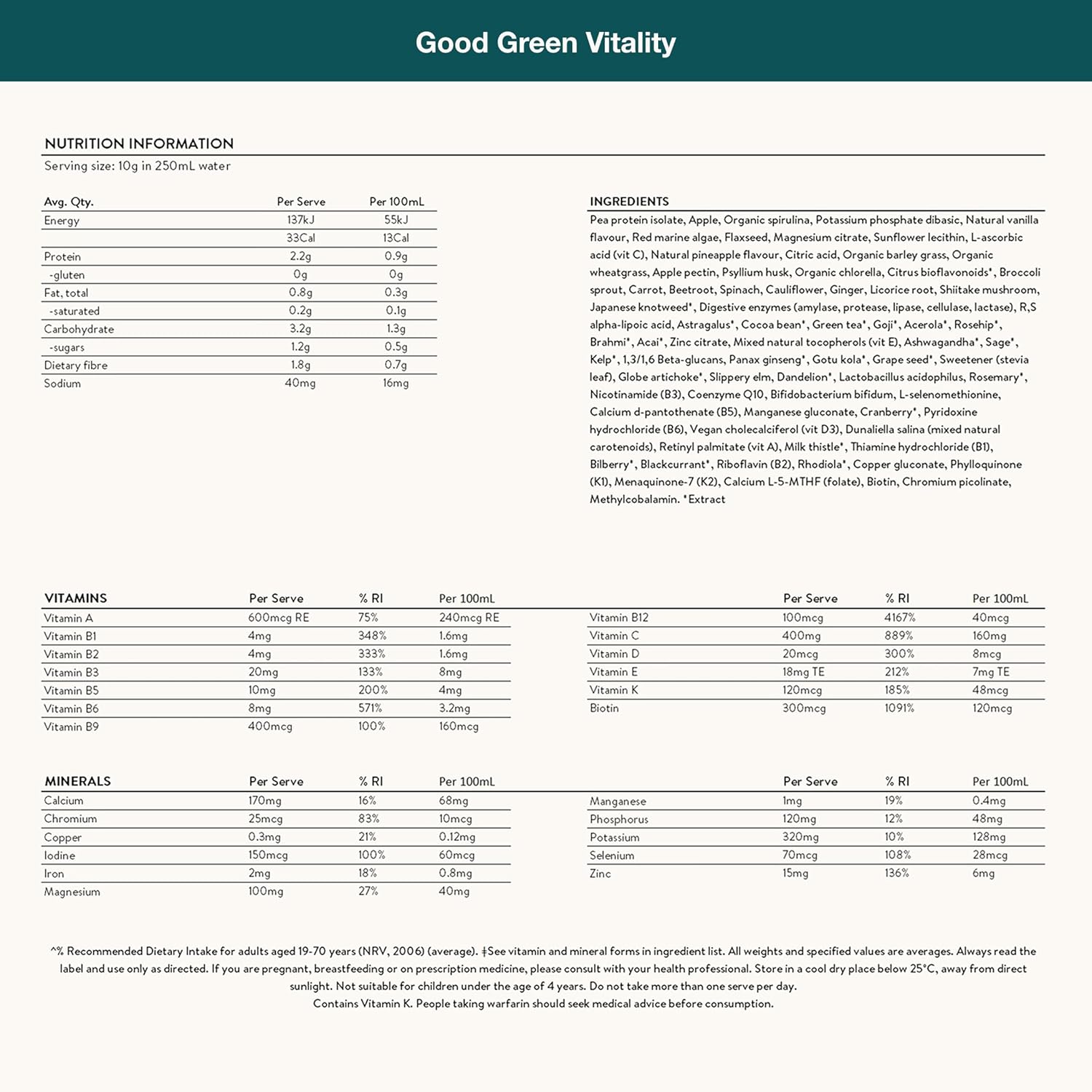 Full ingredients and nutrition panel for Good Green Vitality powder