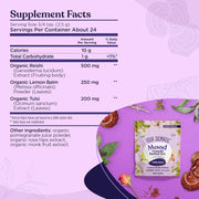 Supplement facts label for Four Sigmatic Mood Organic Herbal Tea with a purple background and tea packaging.