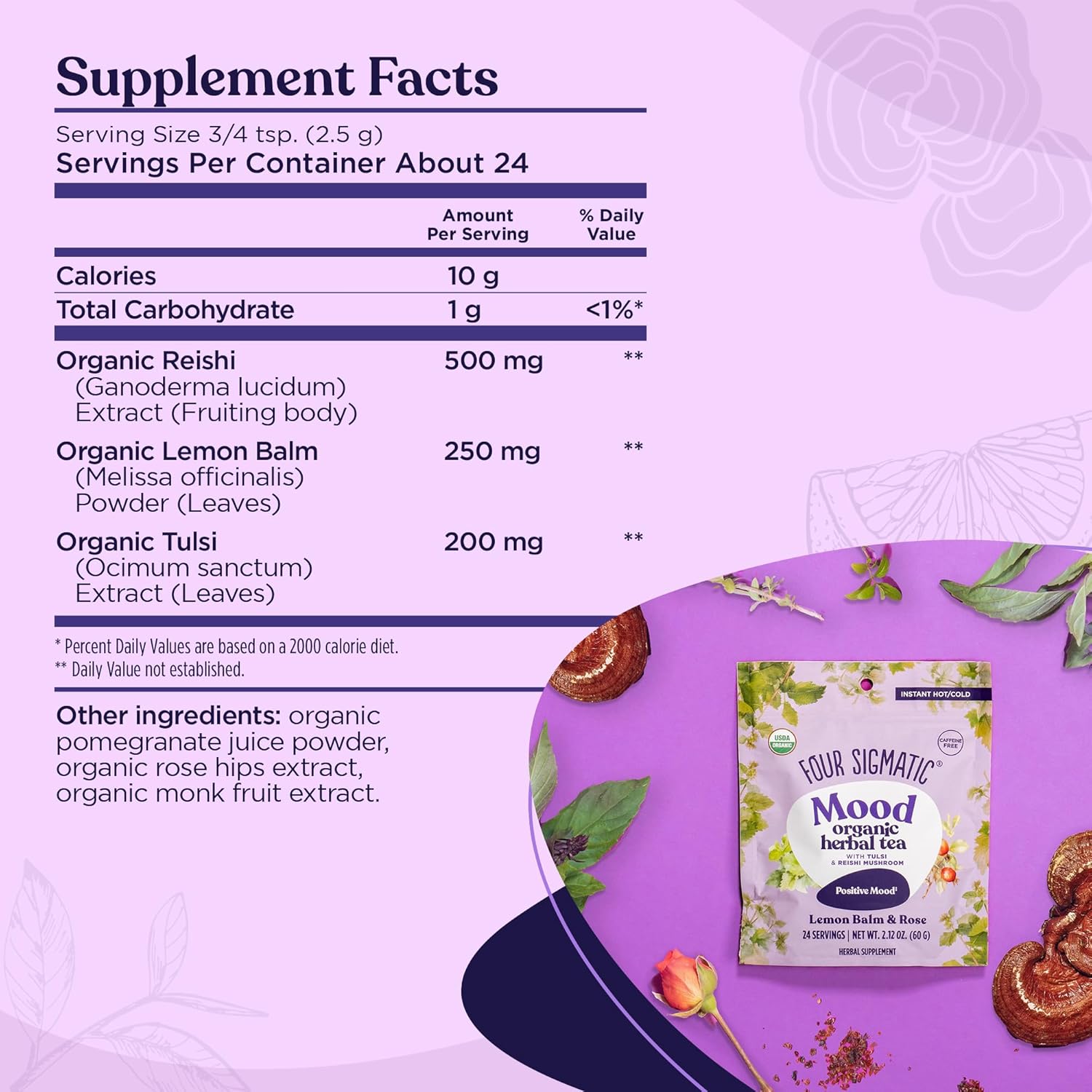 Supplement facts, ingredient list and directions on back of tea.