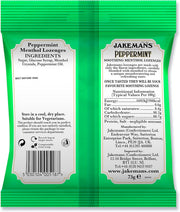 Jakemans Peppermint Menthol Lozenges bag packaging peppermint flavour 12 x 73g ingredients, barcode and product information panel