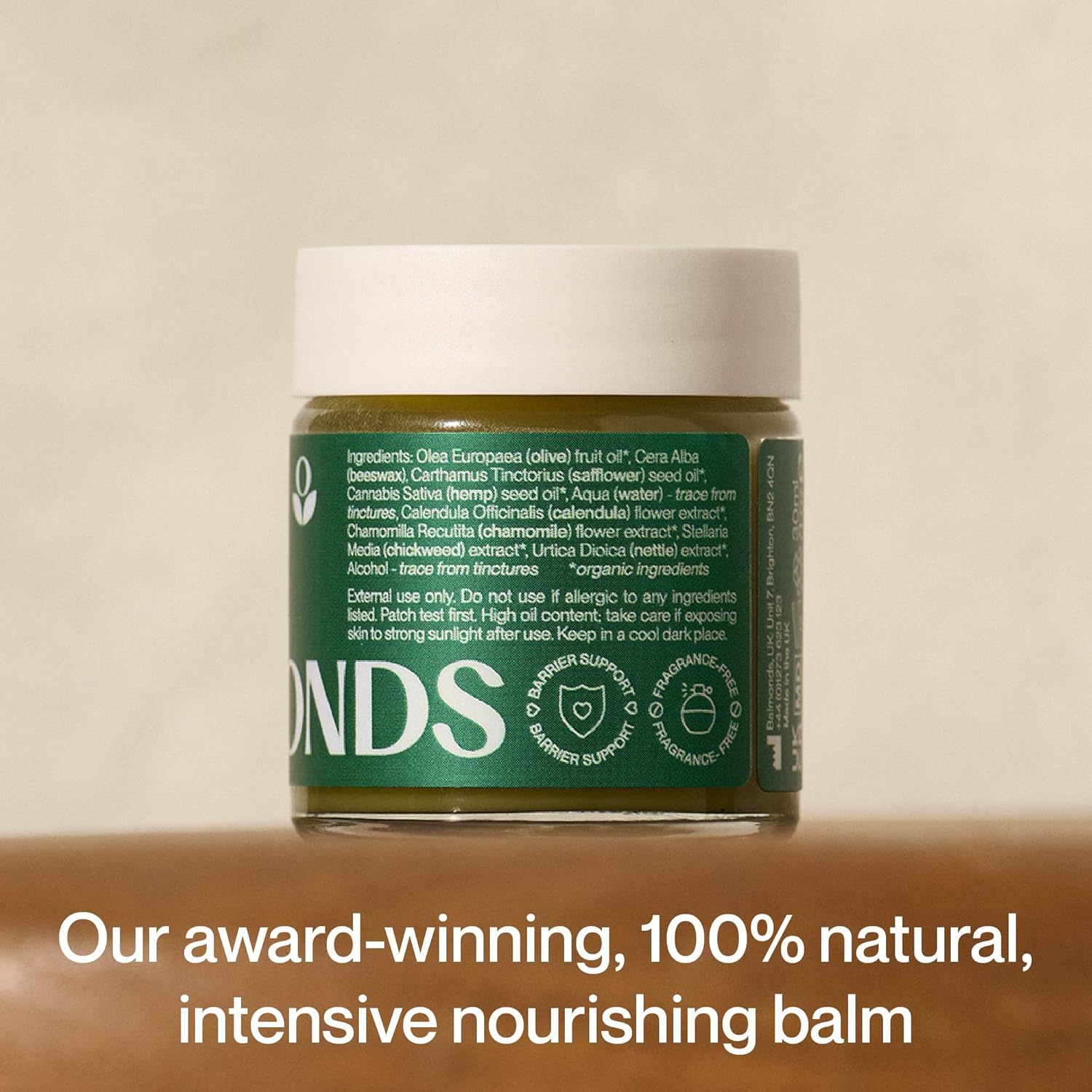 Supplement facts & ingredients image: Balmonds Skin Salvation Moisturising Balm ingredients beeswax olive oil hemp seed oil