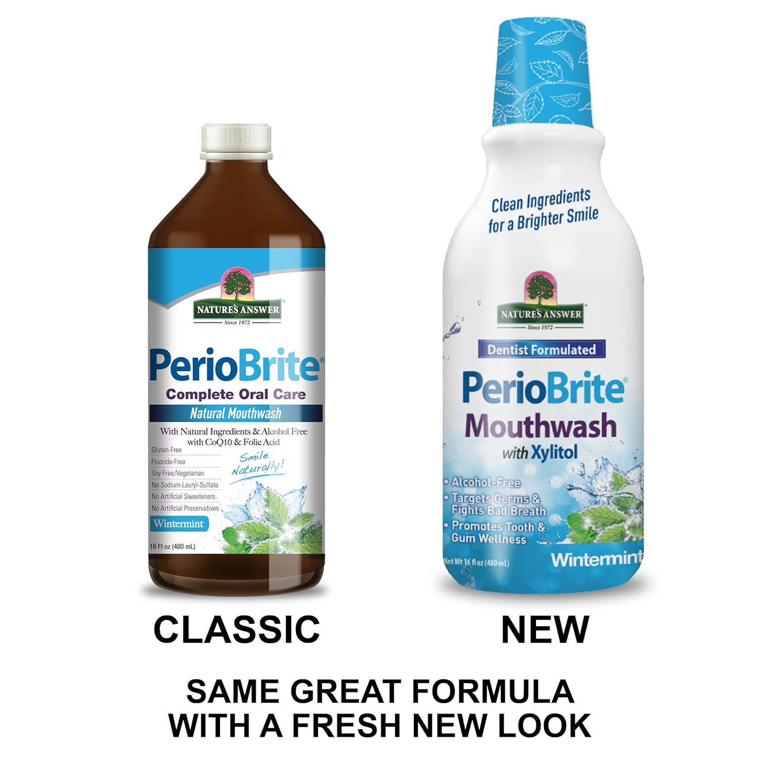 Nature’s Answer PerioBrite Winter Mint Mouthwash Alcohol-Free – 480ml. Classic & new packaging.
