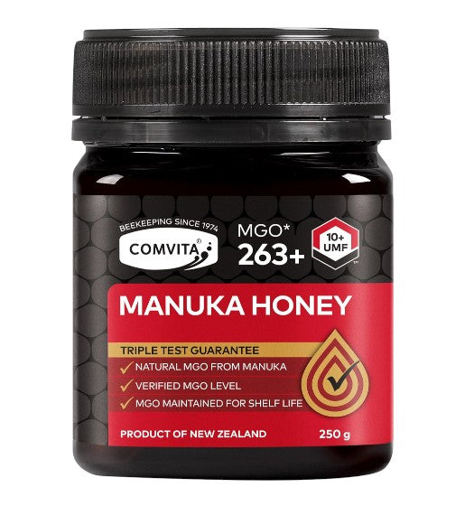 Front image: Comvita Manuka Honey UMF 10+ MGO 263+ glass tub 250g