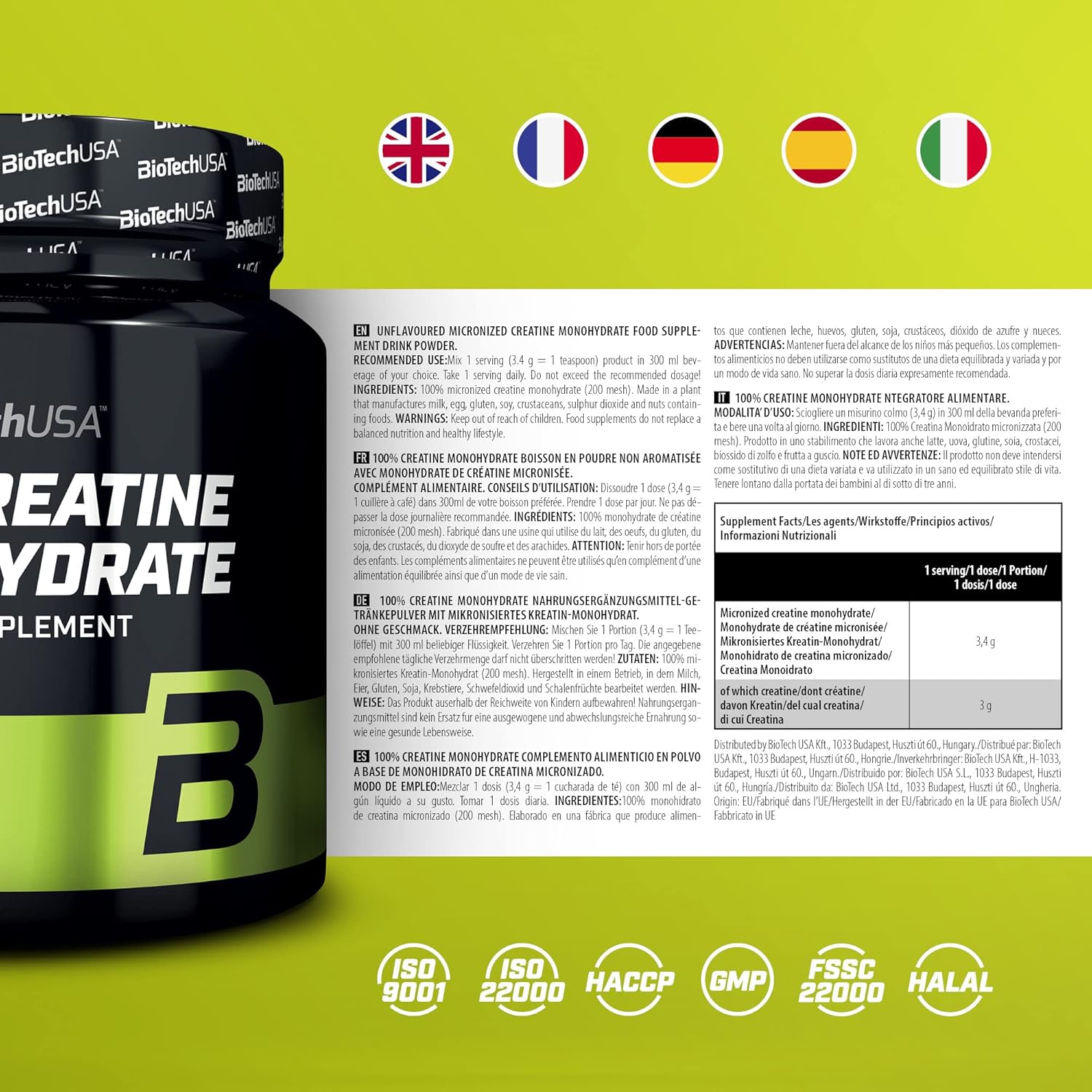 Supplement facts label of BioTechUSA Pure Creatine Powder.