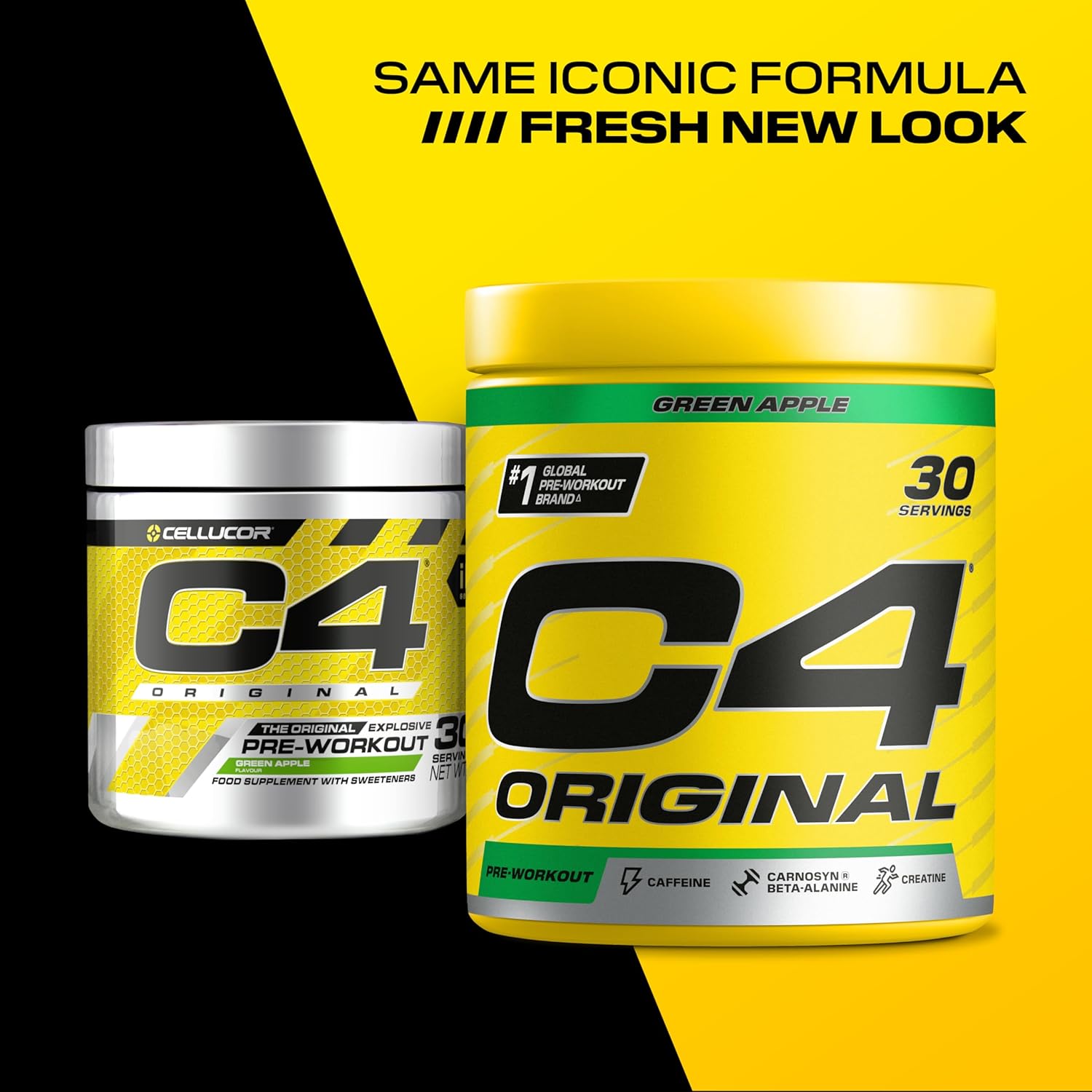 Two containers of C4 Original pre-workout supplement on a yellow and black background