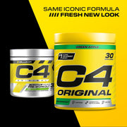 Two containers of C4 Original pre-workout supplement on a yellow and black background