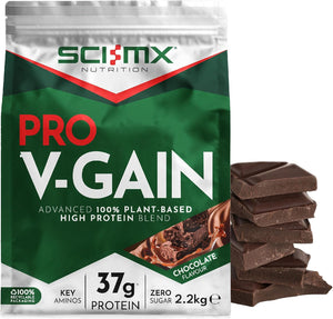 Front image: SCI-MX Nutrition Pro V-Gain vegan protein powder chocolate bag 2.2kg