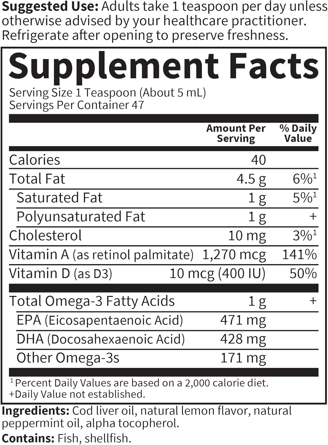 Supplement facts for Cod Liver Oil with vitamins A and D.