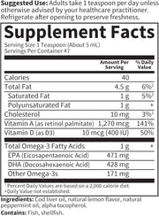 Supplement facts for Cod Liver Oil with vitamins A and D.