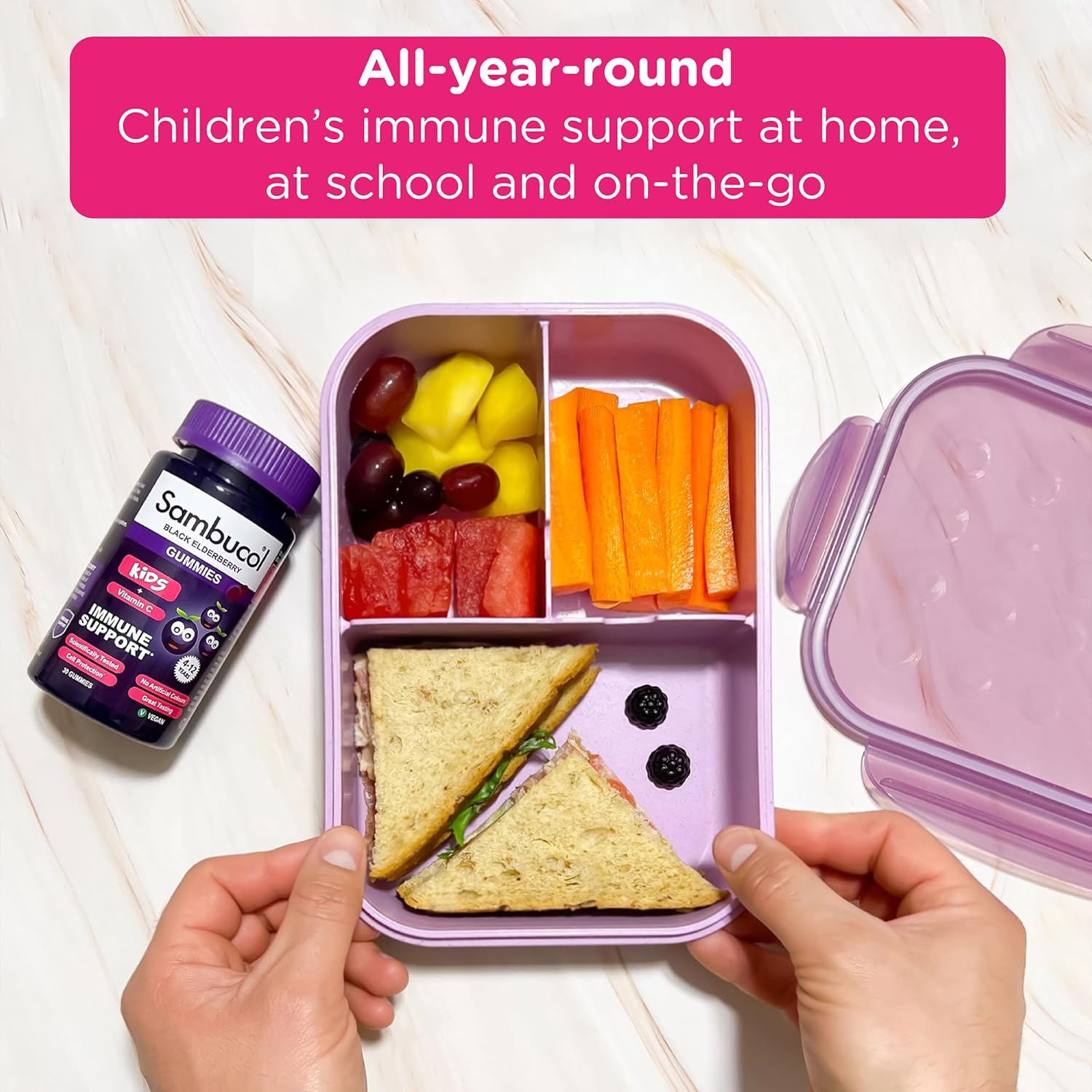 Bento box with snacks and a bottle of Sambucol immune support supplement on a white background.