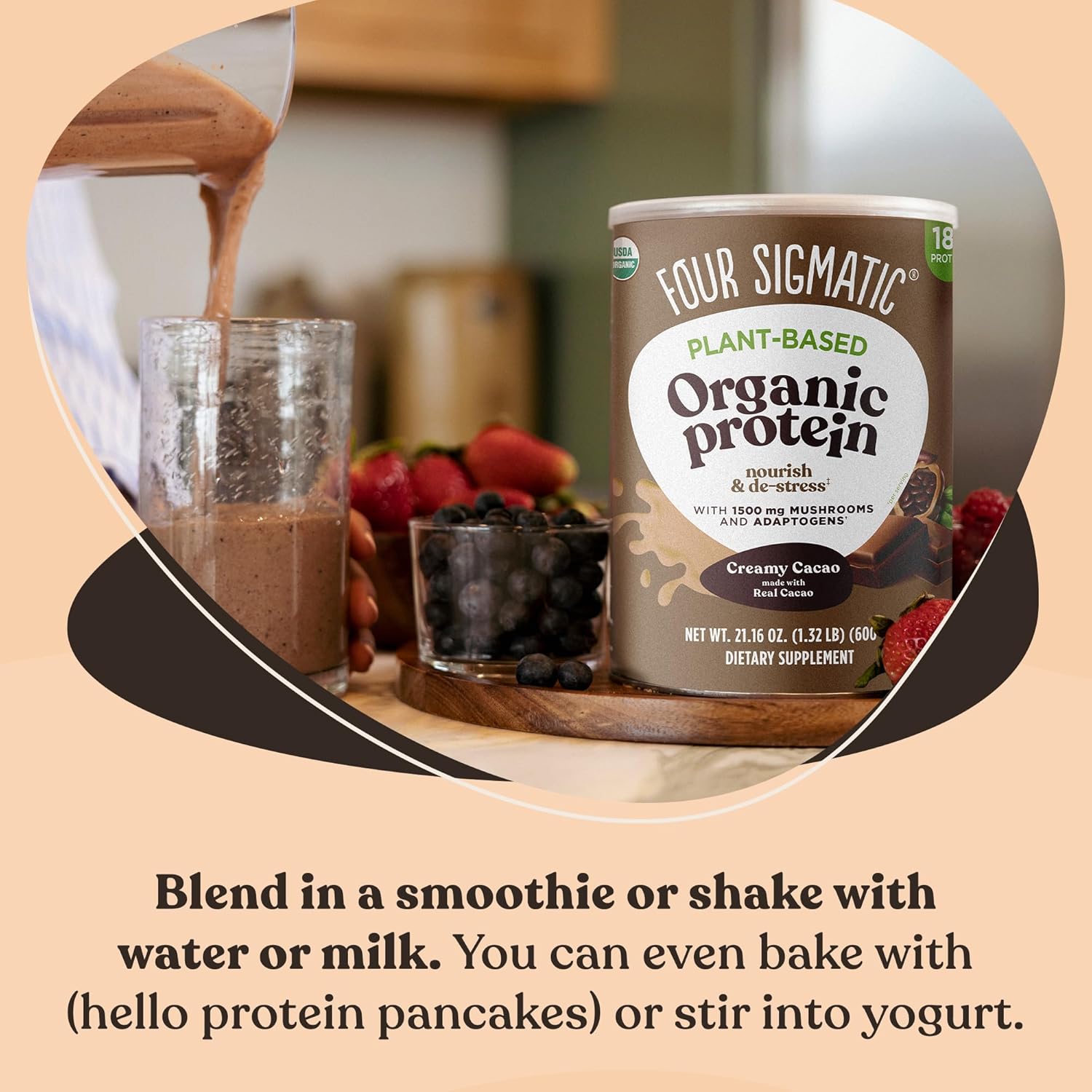 Four Sigmatic Plant-Based Organic Protein Powder, Creamy Cacao - 600g