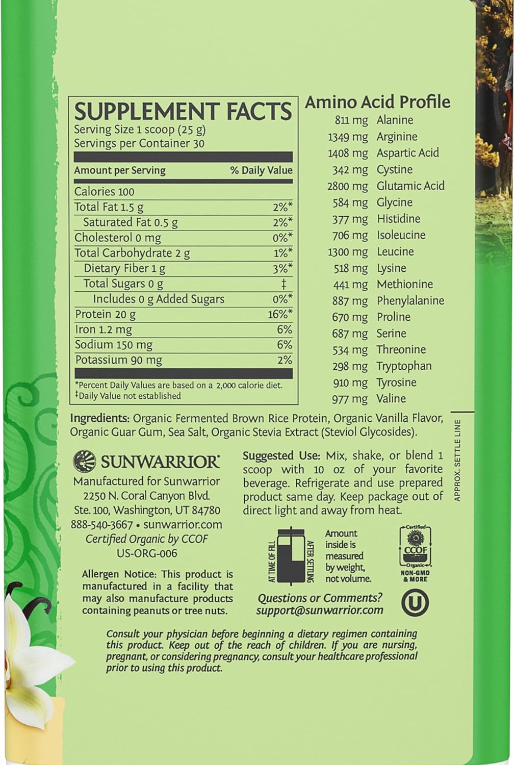 Supplement Facts: Ingredients and nutrition info for Sunwarrior Vanilla Brown Rice Protein