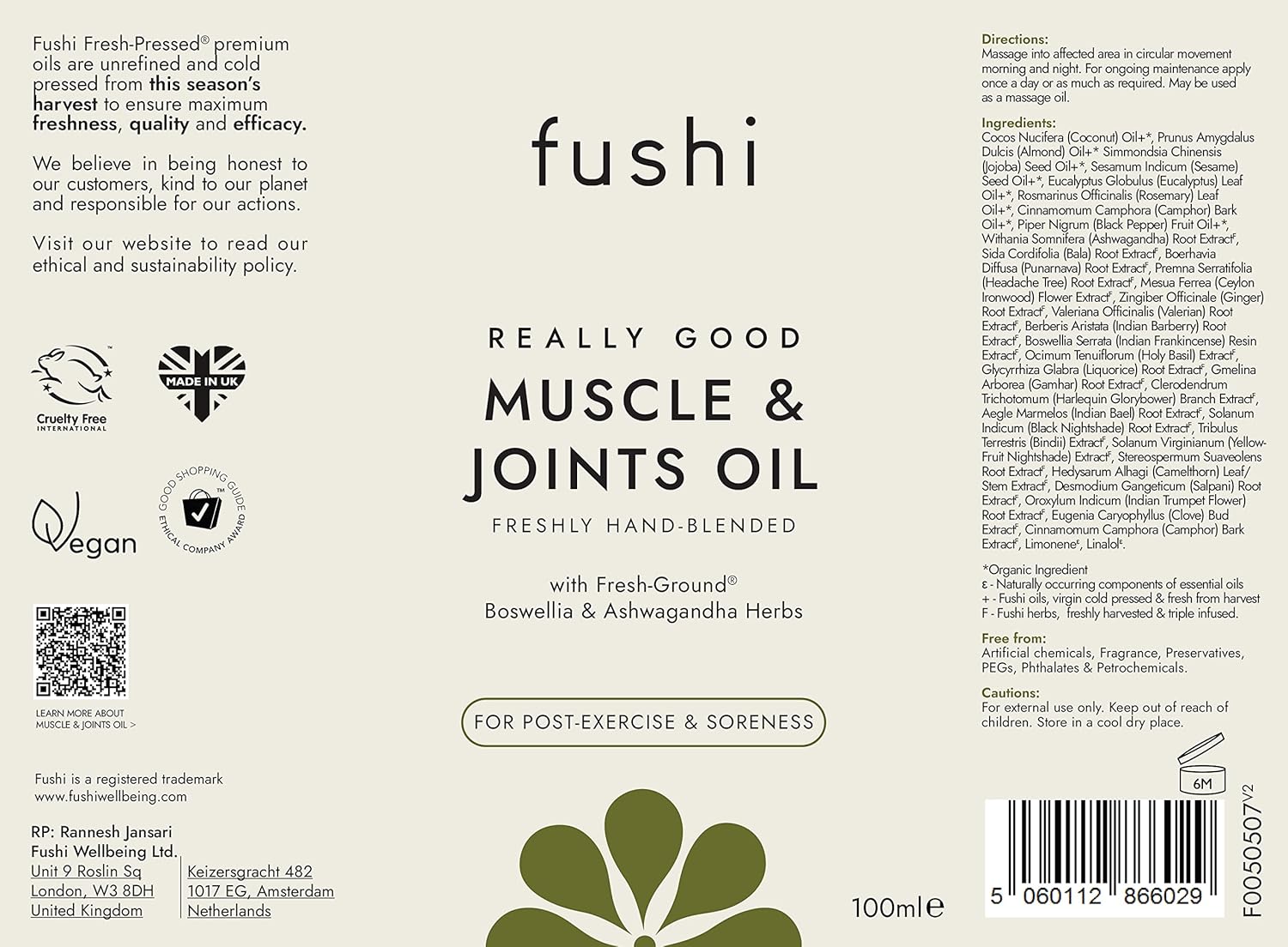Fushi Muscle & Joints Oil label with product details and branding elements.