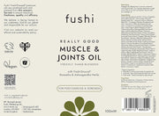 Fushi Muscle & Joints Oil label with product details and branding elements.