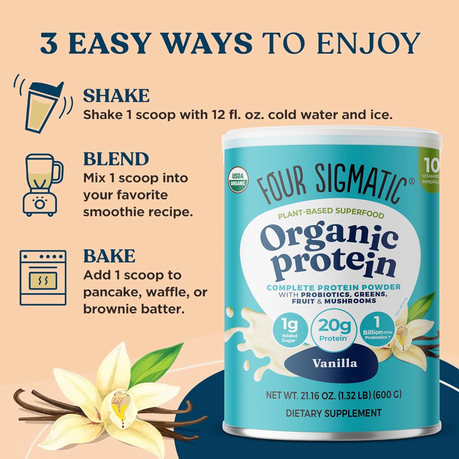 How to Use: Four Sigmatic Vanilla protein powder being blended into a smoothie.
