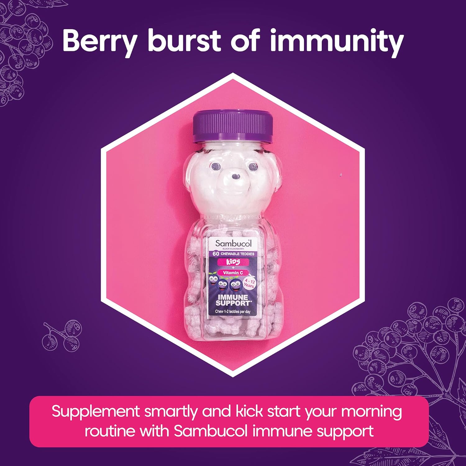 Sambucol immune support bottle with berry theme on a purple background