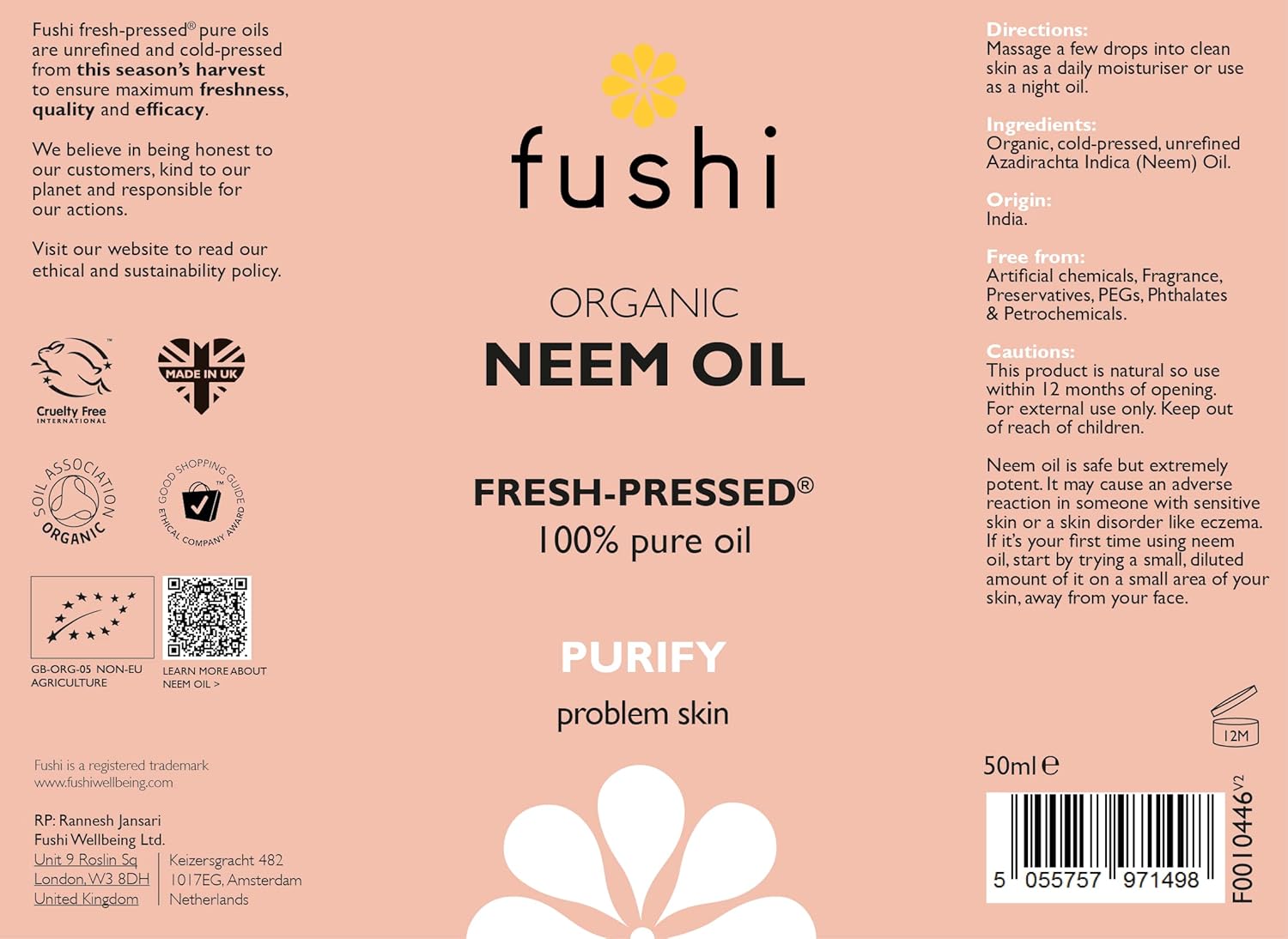 Fushi Organic Neem Oil packaging with branding and product details on a pink background