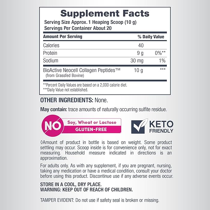 Supplement facts label for unflavored grass-fed collagen peptides powder.