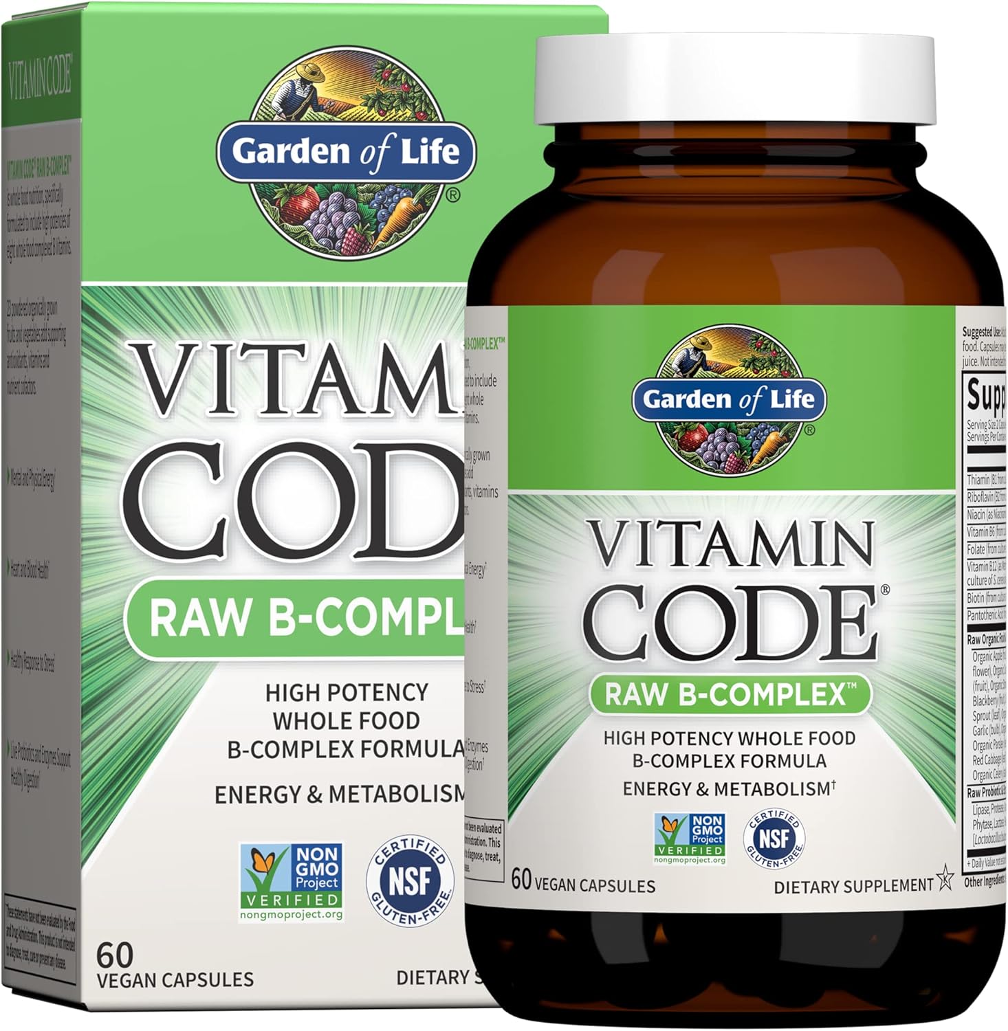  Bottle & box of Garden of Life Raw B Complex vitamin, 60 vegan capsules.
