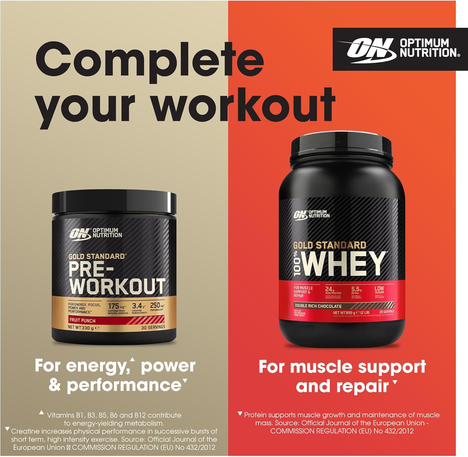 Optimum Nutrition pre-workout and whey protein containers with promotional text on a two-tone background.