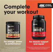 Optimum Nutrition pre-workout and whey protein containers with promotional text on a two-tone background.