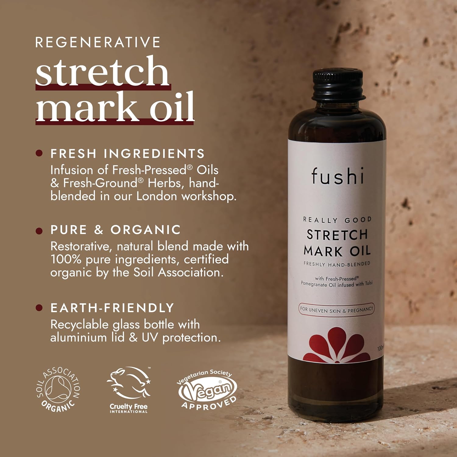 Fushi Stretch Mark Oil bottle with product details on a brown background
