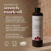 Fushi Stretch Mark Oil bottle with product details on a brown background