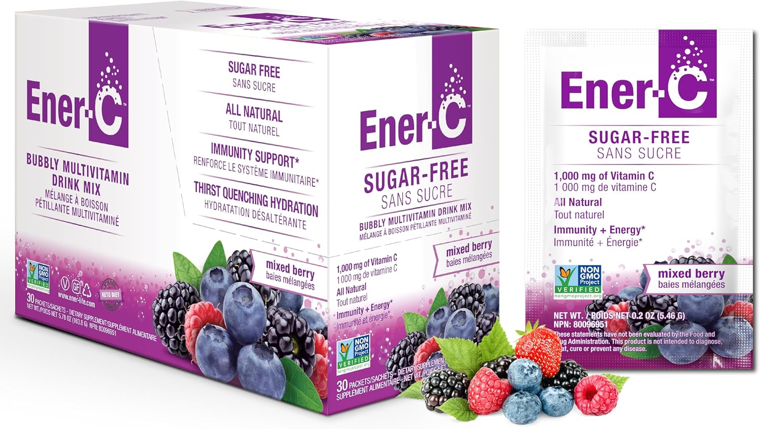 Ener-C Sugar Free Mixed Berry multivitamin drink mix box front label 30 sachets on white background
