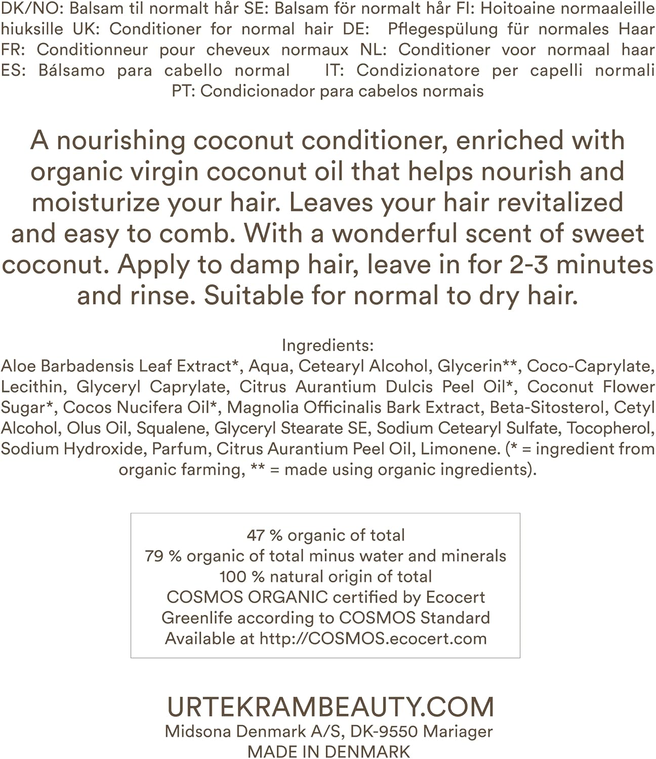 Urtekram Nourishing Coconut Conditioner tube, coconut scent, 180ml, ingredients