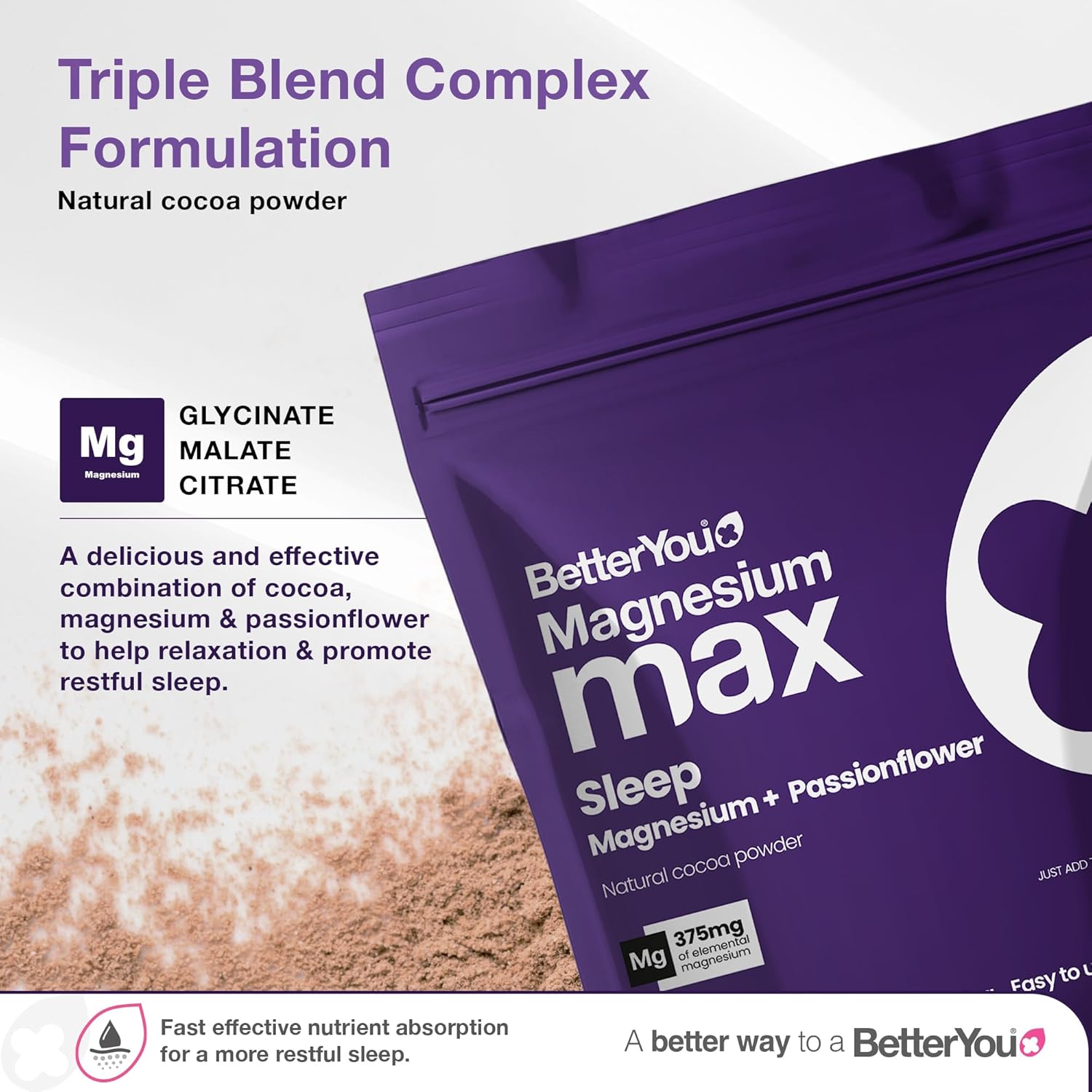 BetterYou Magnesium Max 3-in-1, Natural Cocoa Powder - 160g