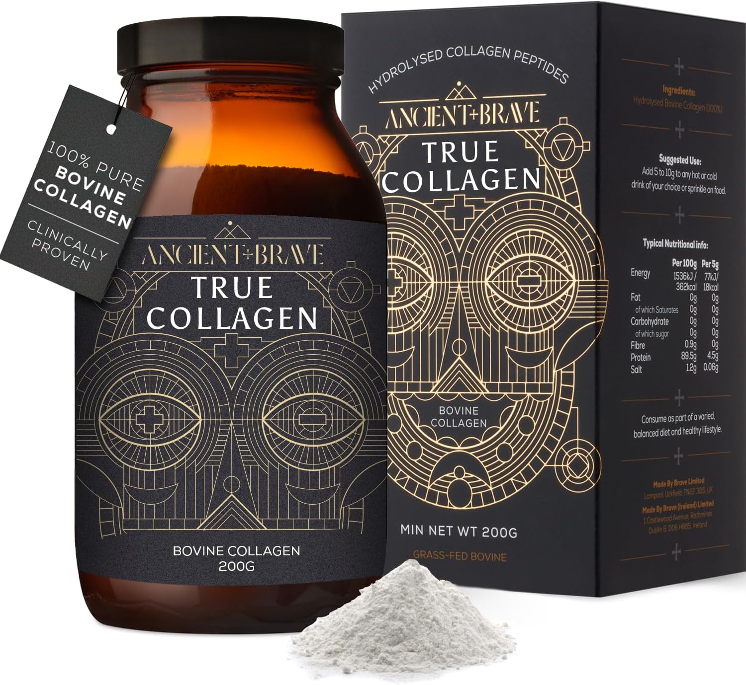 Ancient + Brave True Collagen powder bottle & box, 200g, grass-fed bovine collagen.